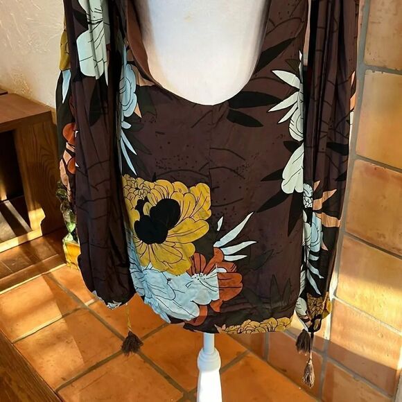 Free People Brown Floral Boho Balloon Sleeve Mini, size S - Picture 8 of 11
